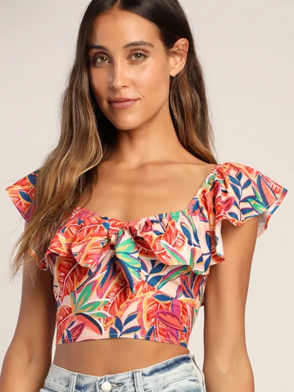 Lulus Splendid Sight Pink Multi Tropical Print Ruffled Crop Top XS